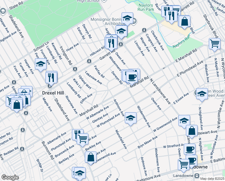 map of restaurants, bars, coffee shops, grocery stores, and more near 2452 Eldon Avenue in Drexel Hill