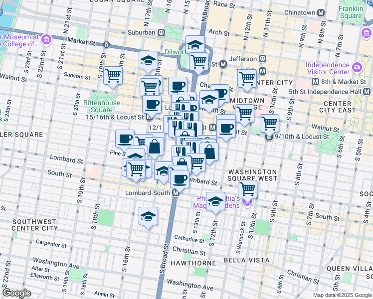 map of restaurants, bars, coffee shops, grocery stores, and more near 311 South Broad Street in Philadelphia