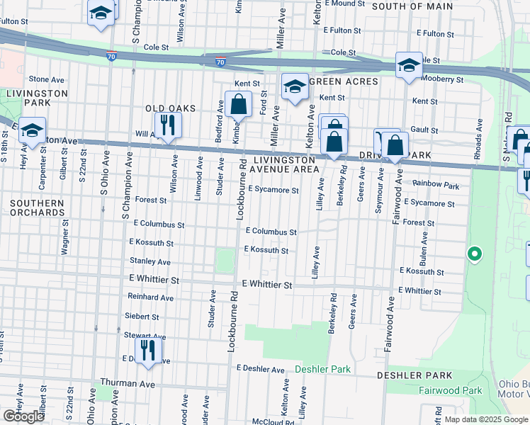 map of restaurants, bars, coffee shops, grocery stores, and more near 962 Miller Avenue in Columbus
