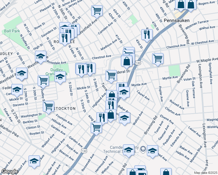 map of restaurants, bars, coffee shops, grocery stores, and more near 3707 Highland Avenue in Camden
