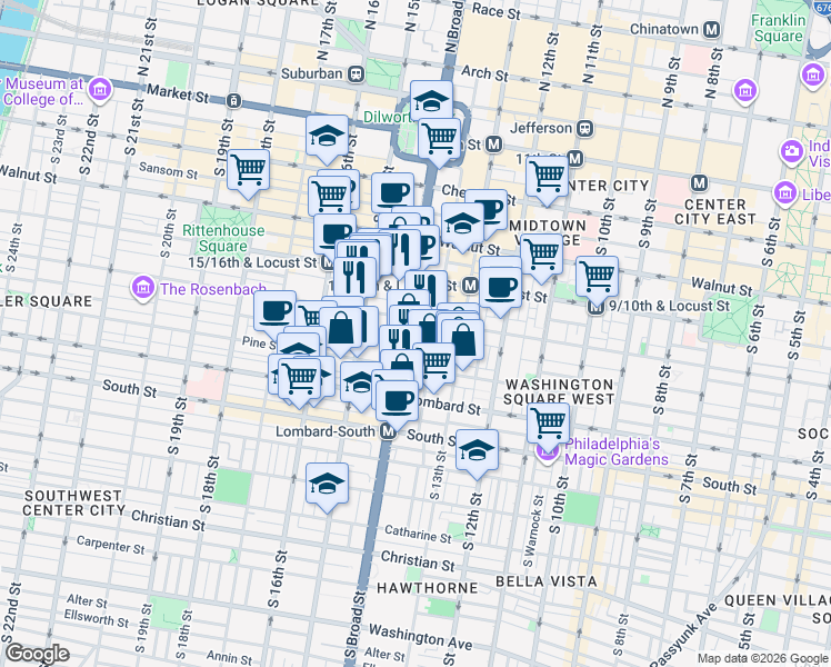 map of restaurants, bars, coffee shops, grocery stores, and more near 301 South Broad Street in Philadelphia