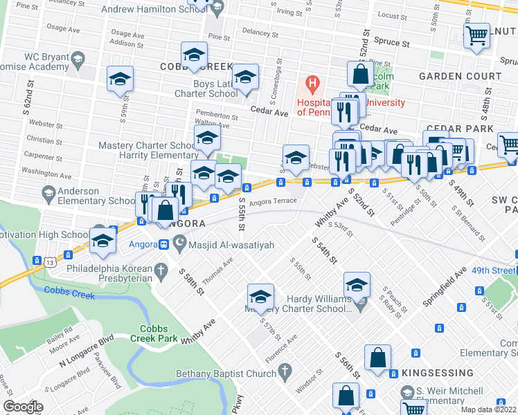 map of restaurants, bars, coffee shops, grocery stores, and more near 5428 Angora Terrace in Philadelphia