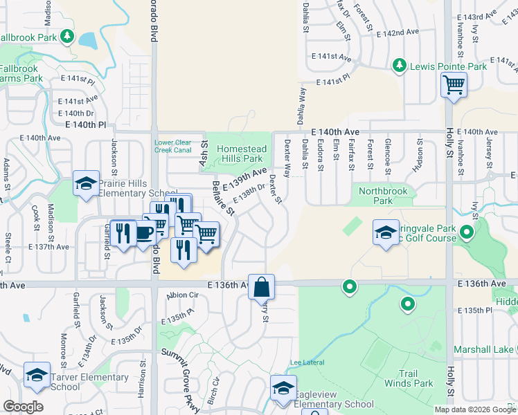map of restaurants, bars, coffee shops, grocery stores, and more near 13697 Cherry Street in Thornton
