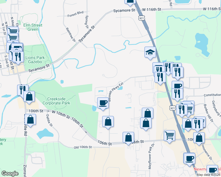 map of restaurants, bars, coffee shops, grocery stores, and more near 5000 Bennett Parkway in Zionsville