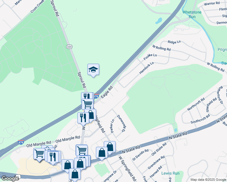 map of restaurants, bars, coffee shops, grocery stores, and more near 101 Eagle Road in Springfield