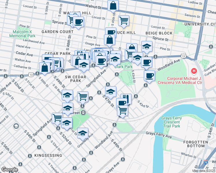 map of restaurants, bars, coffee shops, grocery stores, and more near 4604 Chester Avenue in Philadelphia