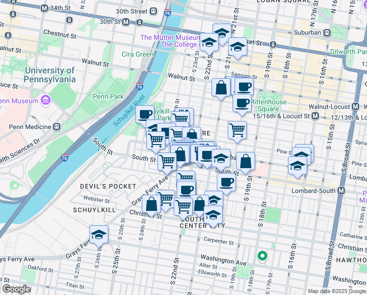 map of restaurants, bars, coffee shops, grocery stores, and more near 408 South Croskey Street in Philadelphia