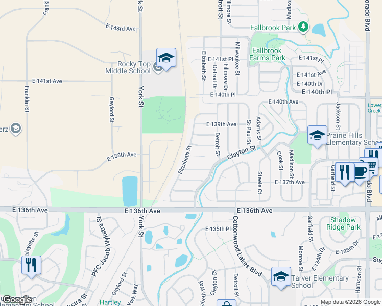 map of restaurants, bars, coffee shops, grocery stores, and more near 13818 Elizabeth Street in Thornton