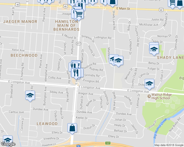 map of restaurants, bars, coffee shops, grocery stores, and more near 4522 Grimsby Road in Columbus