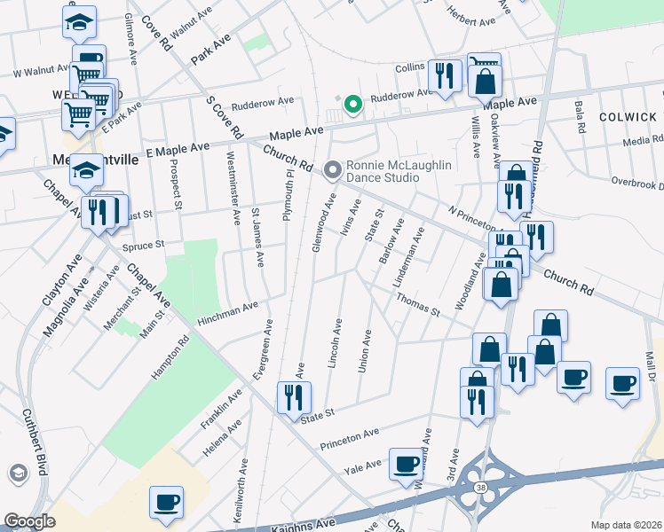 map of restaurants, bars, coffee shops, grocery stores, and more near 226 Ivins Avenue in Cherry Hill