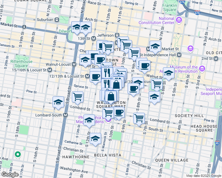 map of restaurants, bars, coffee shops, grocery stores, and more near 1027 Spruce Street in Philadelphia