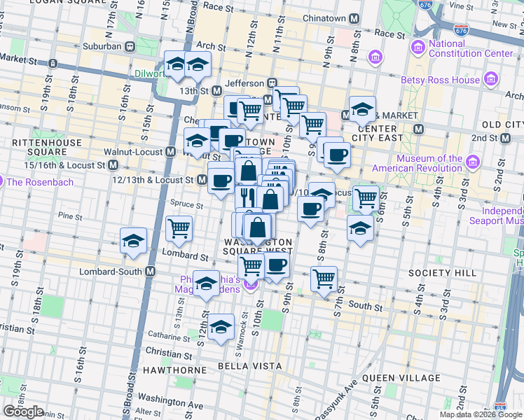 map of restaurants, bars, coffee shops, grocery stores, and more near 1029 Spruce Street in Philadelphia