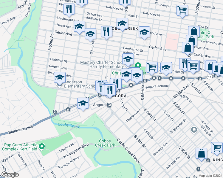 map of restaurants, bars, coffee shops, grocery stores, and more near 5703 Baltimore Avenue in Philadelphia