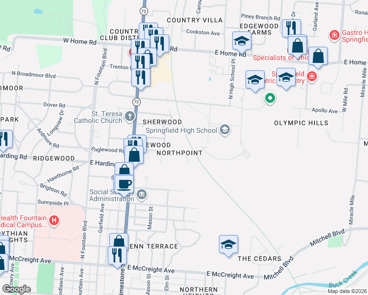 map of restaurants, bars, coffee shops, grocery stores, and more near 400 Englewood Road in Springfield