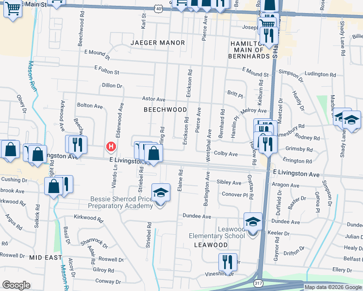 map of restaurants, bars, coffee shops, grocery stores, and more near 1351 Erickson Avenue in Columbus