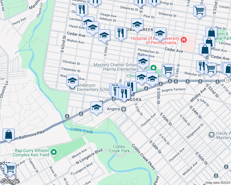 map of restaurants, bars, coffee shops, grocery stores, and more near 935 South 58th Street in Philadelphia