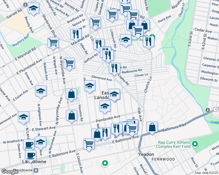 map of restaurants, bars, coffee shops, grocery stores, and more near 223 Penn Boulevard in East Lansdowne