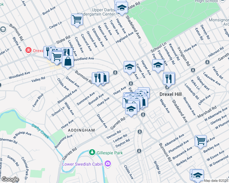 map of restaurants, bars, coffee shops, grocery stores, and more near 3803 Huey Avenue in Drexel Hill