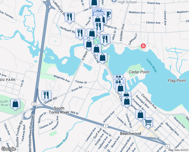 map of restaurants, bars, coffee shops, grocery stores, and more near 61 Flint Road in Toms River