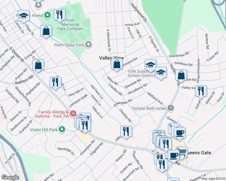 map of restaurants, bars, coffee shops, grocery stores, and more near 1612 Crestlyn Road in York