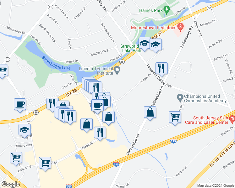 map of restaurants, bars, coffee shops, grocery stores, and more near 307 Harper Drive in Moorestown