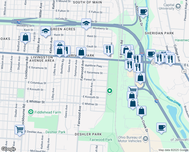 map of restaurants, bars, coffee shops, grocery stores, and more near 1008 Bulen Avenue in Columbus