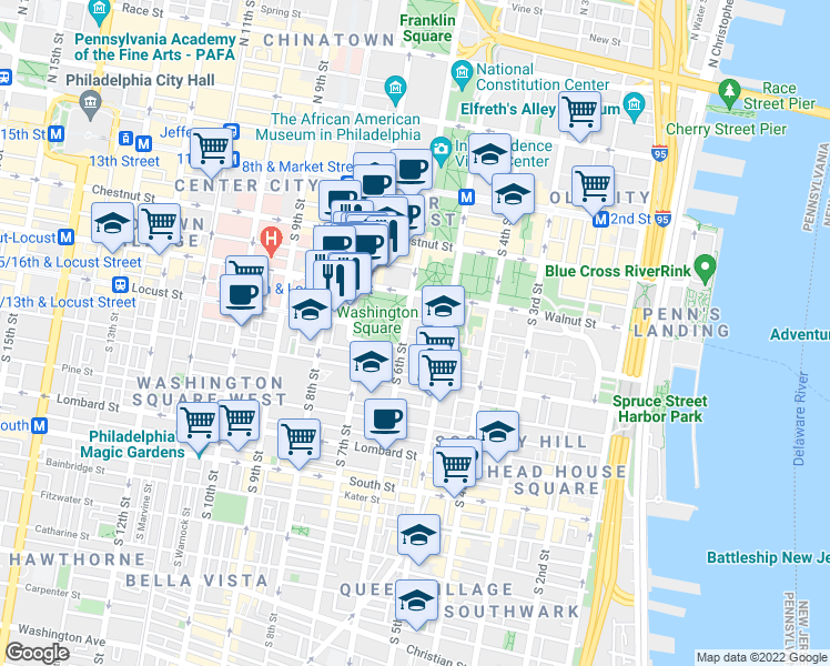 map of restaurants, bars, coffee shops, grocery stores, and more near 227-31 South 6th Street in Philadelphia