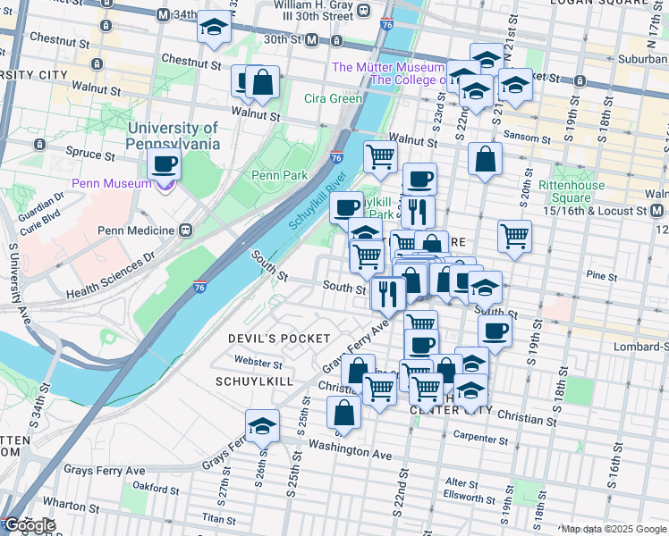 map of restaurants, bars, coffee shops, grocery stores, and more near 2609 Naudain Street in Philadelphia
