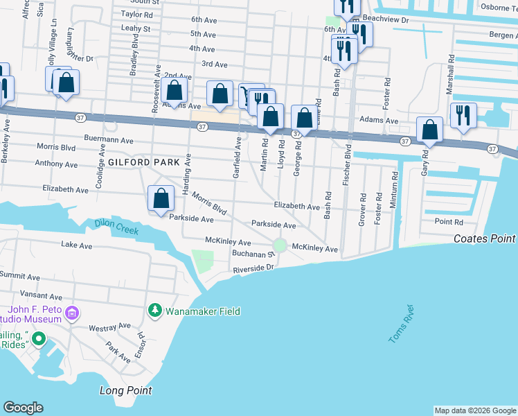 map of restaurants, bars, coffee shops, grocery stores, and more near 724 Elizabeth Avenue in Toms River