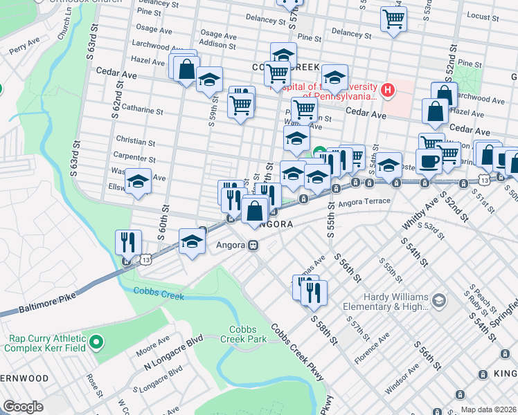 map of restaurants, bars, coffee shops, grocery stores, and more near 5703 Baltimore Avenue in Philadelphia