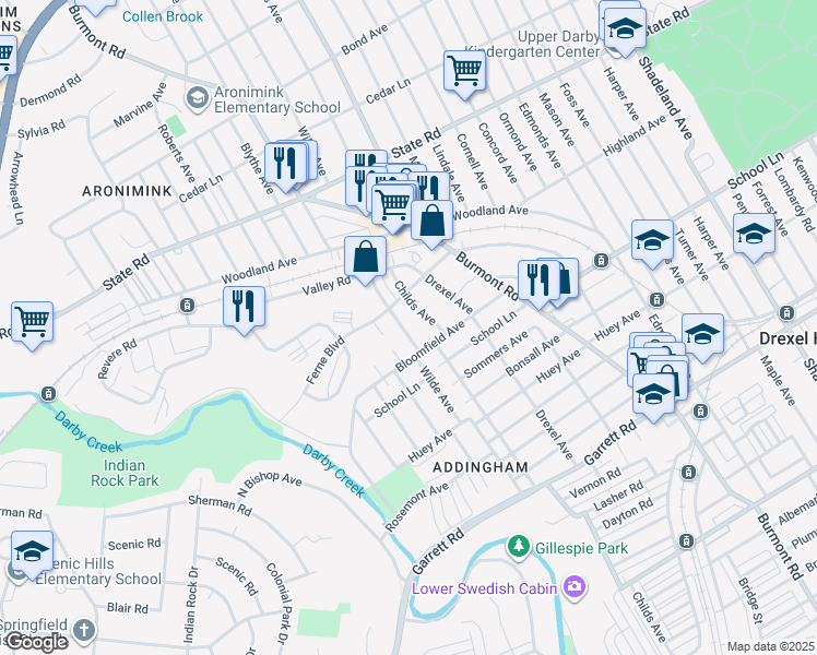 map of restaurants, bars, coffee shops, grocery stores, and more near 7 Wilde Avenue in Drexel Hill