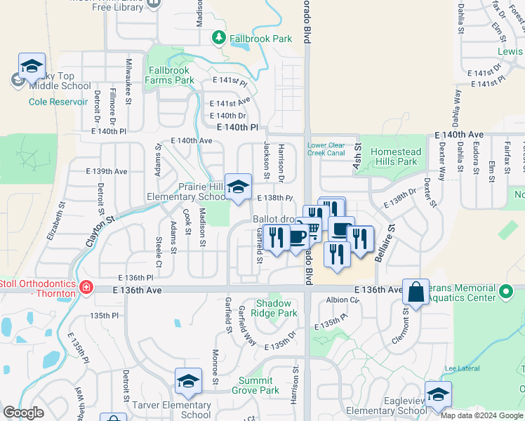 map of restaurants, bars, coffee shops, grocery stores, and more near 13823 Jackson Street in Thornton