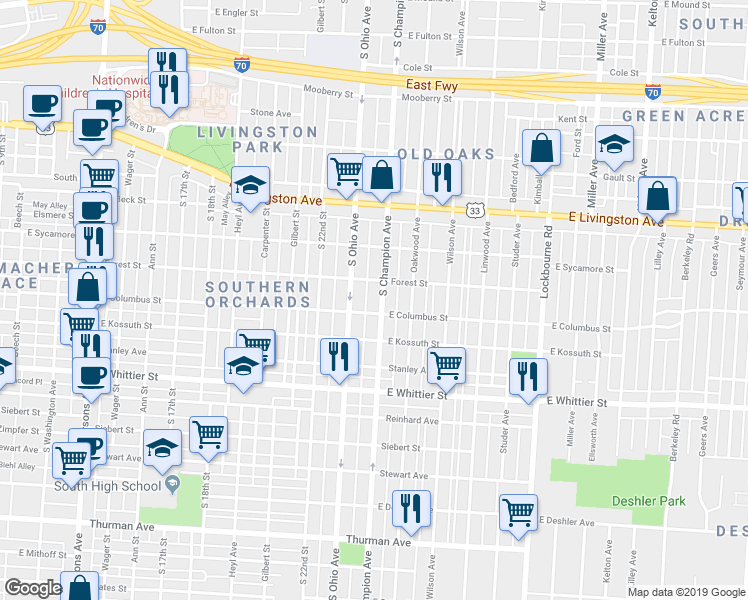 map of restaurants, bars, coffee shops, grocery stores, and more near 913 South Champion Avenue in Columbus