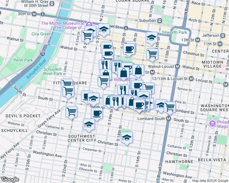 map of restaurants, bars, coffee shops, grocery stores, and more near S 19th St & Pine St in Philadelphia