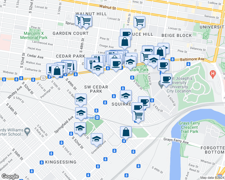 map of restaurants, bars, coffee shops, grocery stores, and more near 1019 South 47th Street in Philadelphia