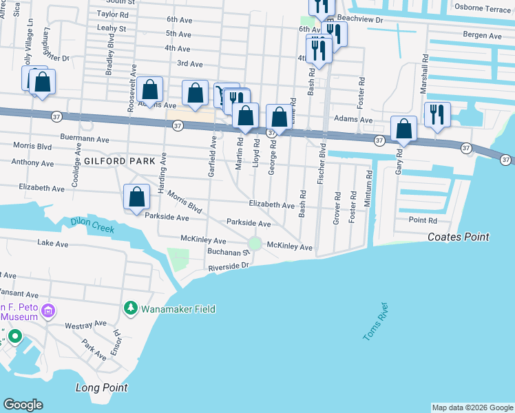 map of restaurants, bars, coffee shops, grocery stores, and more near 206 Swan Boulevard in Toms River