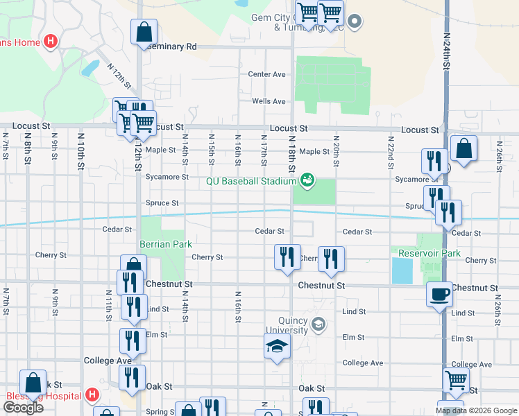map of restaurants, bars, coffee shops, grocery stores, and more near 1632 Spruce Street in Quincy
