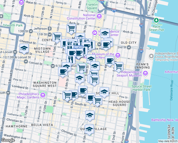 map of restaurants, bars, coffee shops, grocery stores, and more near 227-31 South 6th Street in Philadelphia