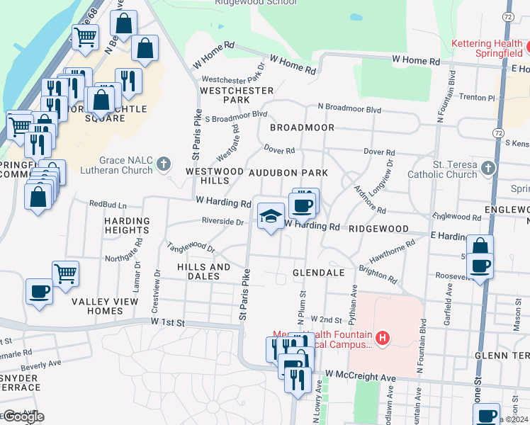 map of restaurants, bars, coffee shops, grocery stores, and more near 532 West Harding Road in Springfield