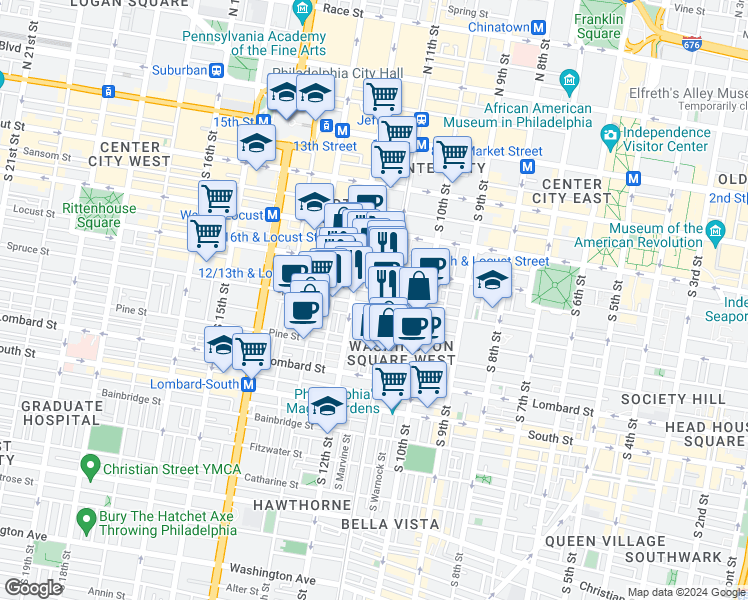 map of restaurants, bars, coffee shops, grocery stores, and more near 1117 Spruce Street in Philadelphia