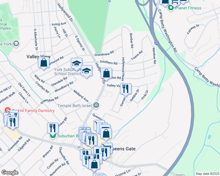 map of restaurants, bars, coffee shops, grocery stores, and more near 1116 Valley View Road in York