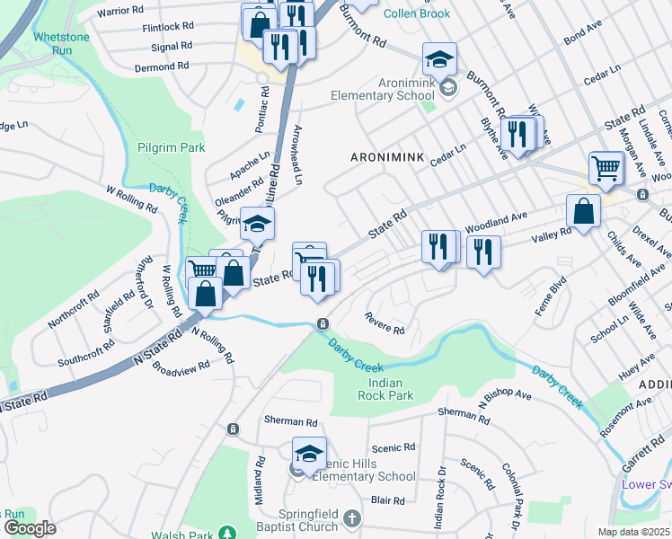 map of restaurants, bars, coffee shops, grocery stores, and more near 4980 State Road in Drexel Hill