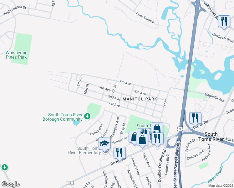 map of restaurants, bars, coffee shops, grocery stores, and more near 166 3rd Avenue in Toms River