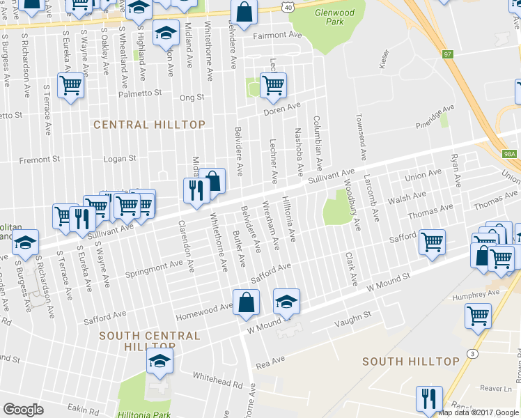 map of restaurants, bars, coffee shops, grocery stores, and more near 447 Wrexham Avenue in Columbus
