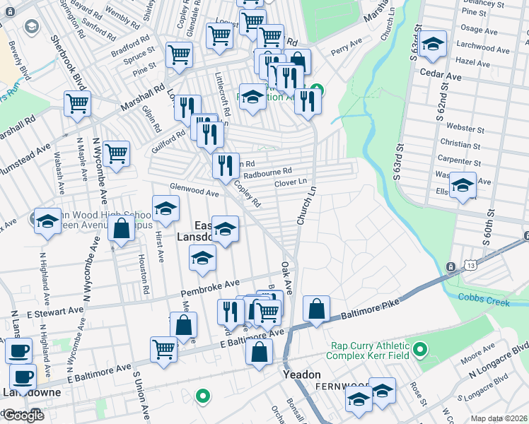 map of restaurants, bars, coffee shops, grocery stores, and more near 7138 Stockley Road in Delaware County