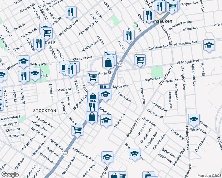 map of restaurants, bars, coffee shops, grocery stores, and more near 4602 South Crescent Boulevard in Pennsauken Township
