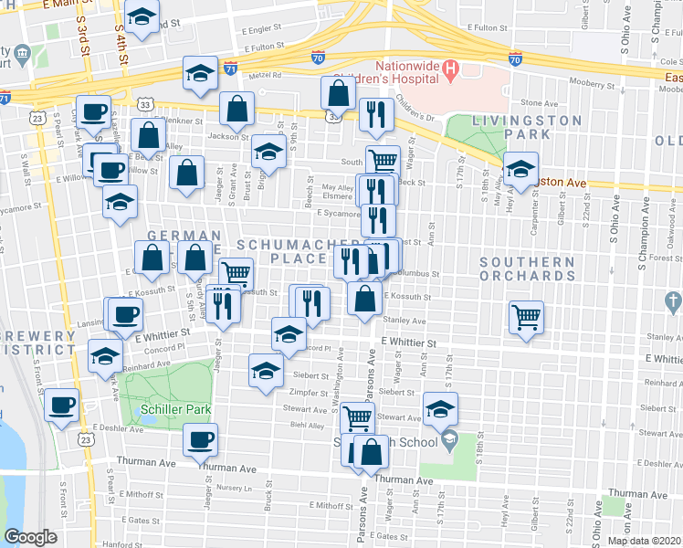 map of restaurants, bars, coffee shops, grocery stores, and more near 483 East Columbus Street in Columbus