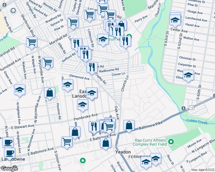 map of restaurants, bars, coffee shops, grocery stores, and more near 7130 Stockley Avenue in Delaware County