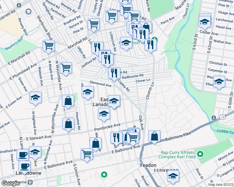 map of restaurants, bars, coffee shops, grocery stores, and more near 217 Lewis Avenue in East Lansdowne