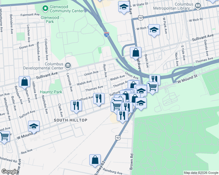 map of restaurants, bars, coffee shops, grocery stores, and more near 1615 Thomas Avenue in Columbus